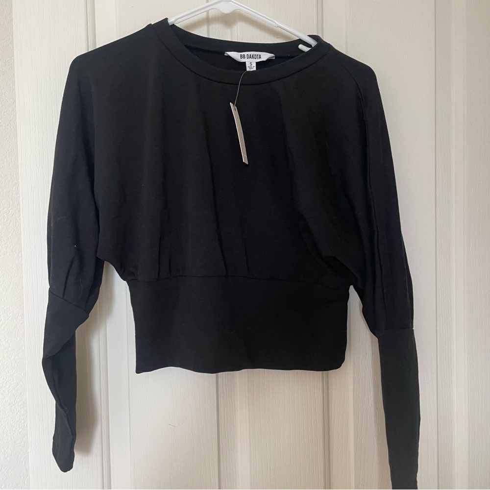 Anthropologie BB Dakota Black Sleeve Me Be Cropped Sweatshirt New Size Small NWT